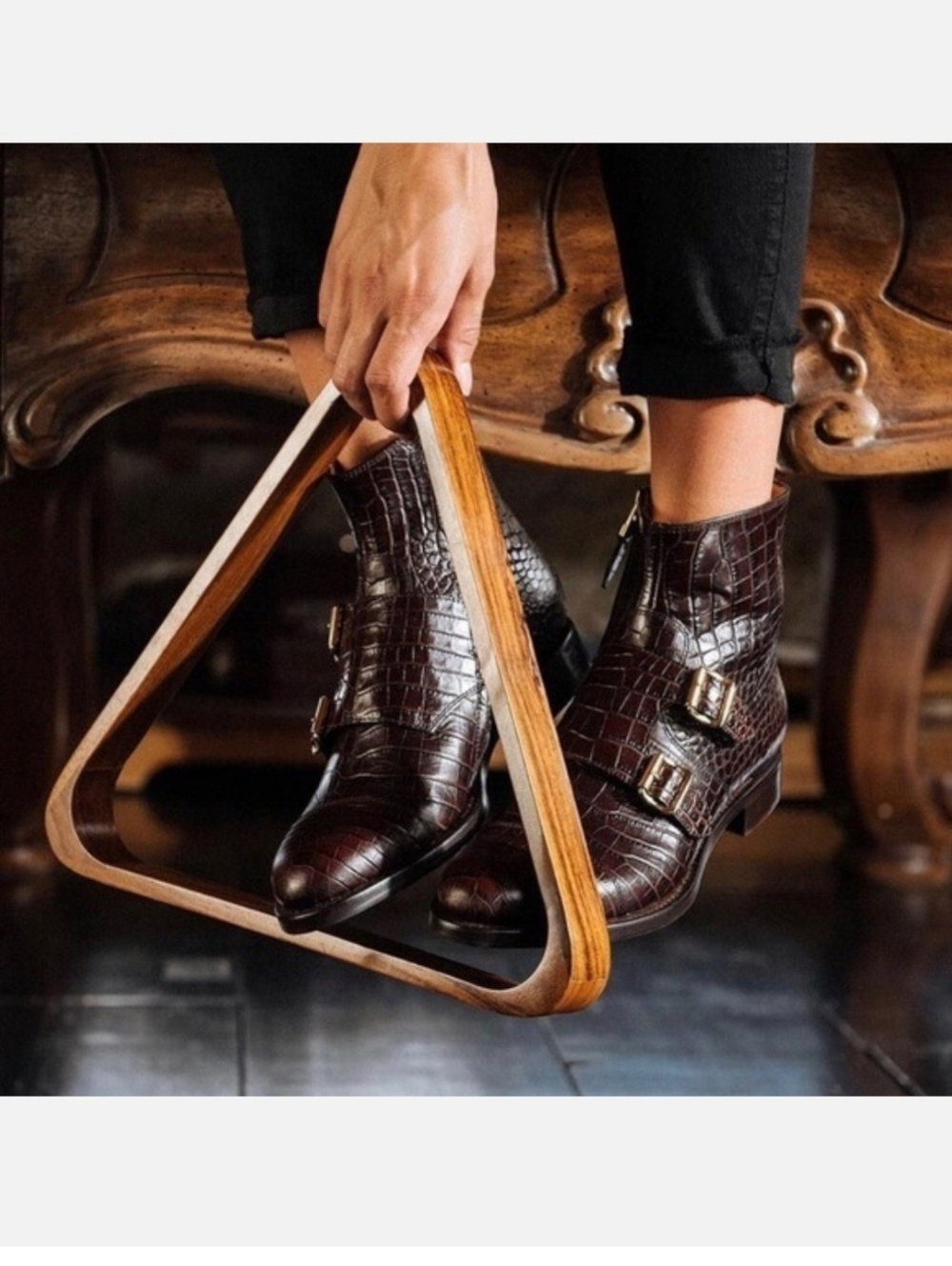 The Office of Angela Scott Mr. Dean Double Strap Croc Embossed Rare Brown Boots - Picture 2 of 9